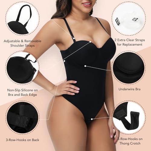 SHAPERIN Women's Tummy Control Shapewear Bodysuits Strapless Low Back Body Shaper with Built-in Bra & Removable Straps4