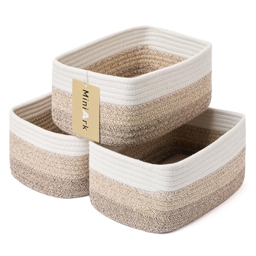 MiniArk Small Storage Baskets for Organizing | Closet Organizer Bins | Shelf Toy Basket | Woven Rope Baskets | Cube Decorative Box | Shallow Basket |11.5x7.5x4.7”| 3 Packs Gradient Brown
