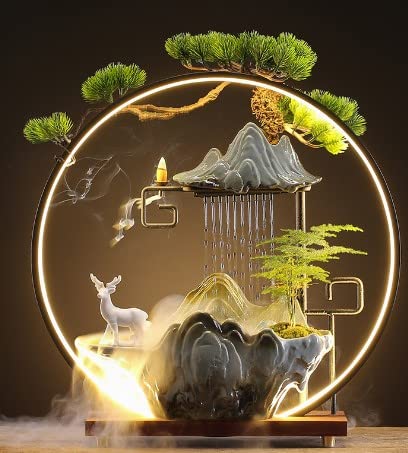 Tabletop Water Fountain, Indoor Waterfall with Round LED Light & Ceramic Elks, Mist Maker and Incense Holder for Home Office Decor