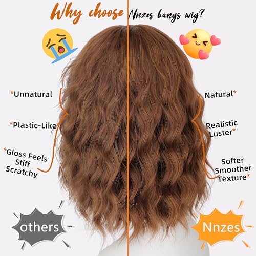 Image of Nnzes Short Wavy Bob Wig with Bangs for Women Shoulder Length Curly Soft Chestnut Caramel Mix Synthetic Heat-Resistant Fiber Hair for Daily & Party Use