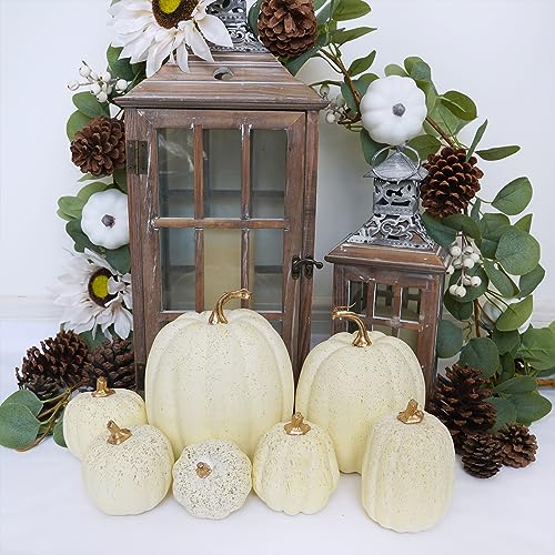 Image of Winlyn 7 Pcs Assorted Sizes Harvest Cream Artificial Pumpkins Faux Cream Pumpkins Foam Decorative Pumpkins for Fall Farmhouse Autumn Wedding Halloween Thanksgiving Rustic Harvest Table Centerpiece