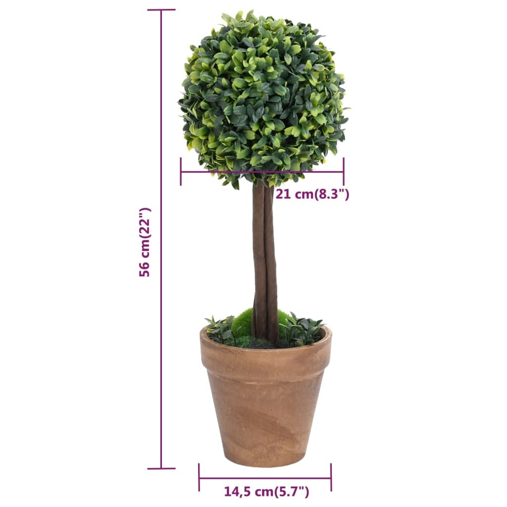 2 alberi di bosso artificiali con vaso a forma di sfera, verde, 56 cm, in polietilene e legno di eucalipto, per soggiorno, balcone, terrazza, decorazione e facile da pulire