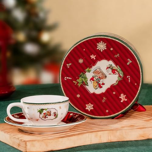 Shyllin Taza de Té Vintage de Cerámica, 120ml, Juego de Tazas de Café con Platillo, Apto para Microondas, Papá Noel con Chimenea, con Platillo, Apto para Café, Té