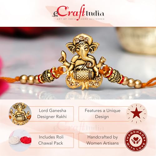 Image of eCraftIndia Set of 7 Rakhi Combo Hamper | Multicolor Om Ganesha Swastik Rudraksha Pearls Religious Designer Rakhis | Roli Chawal Pack