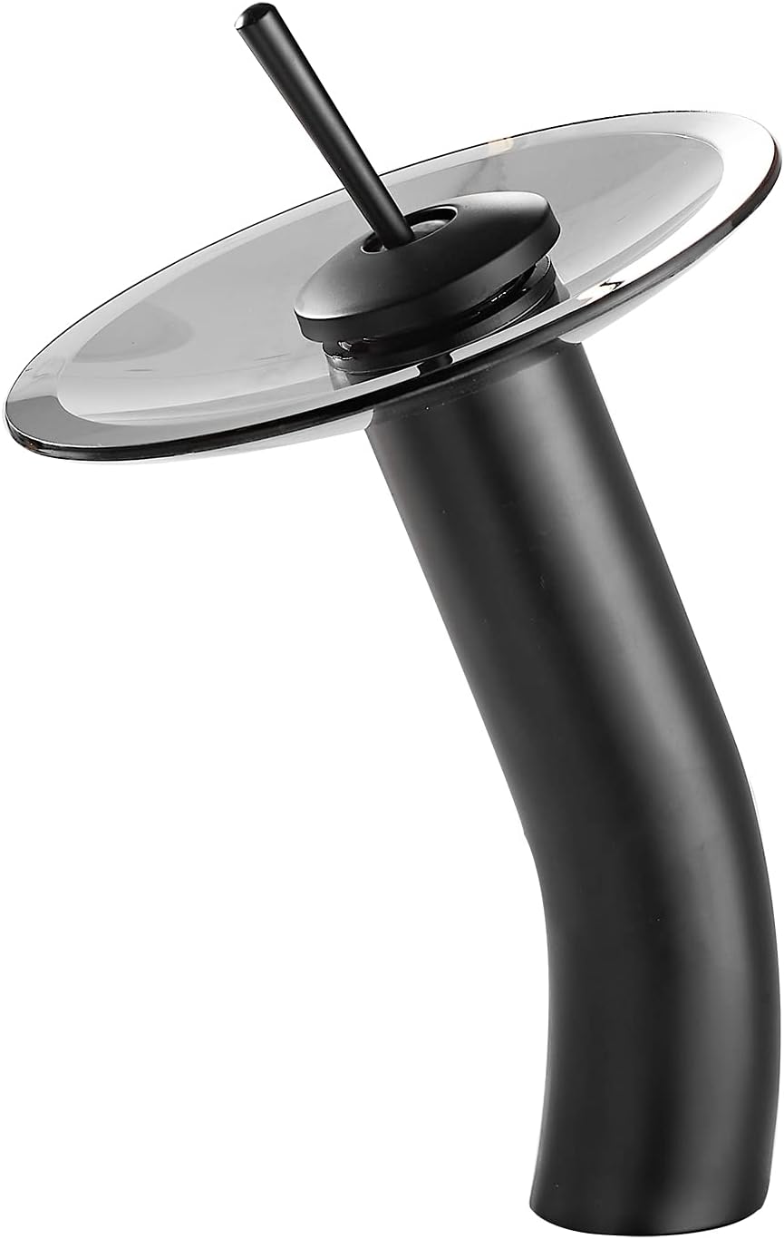 Waterfall Black Bathroom Vessel Faucet Tap Glass Spout 360° Swivel Single Handle One Hole Solid Brass Bowl Faucet Bath Lavatory Vessel Sink Vanity Faucet Tall Body for Above Counter Sink