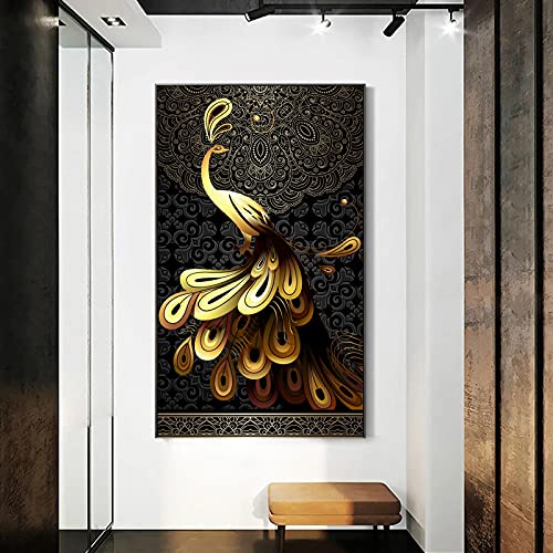 Tableau paon noir et or 50x90 cm moderne sans cadre pour salon - 3