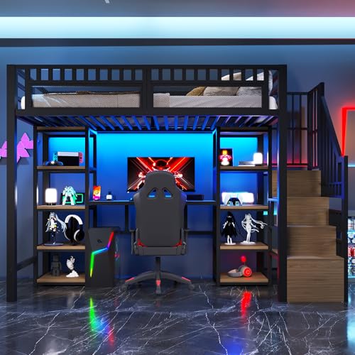 Lubvtti Cama Alta De Hierro 90 X 200 Con Led, Puerto Usb, Escritorio, Compartimento De Almacenamiento, Escalera Con Espacio De Almacenamiento, Litera Para Niños, Estructura De Cama Para Niños, Color