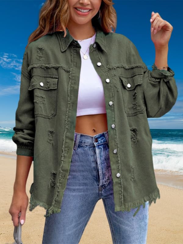 Women's Solid Ripped Distressed Denim Jacket Long Sleeve Frayed Hem Casual Sleeve Jean Coat Trucker Jackets3
