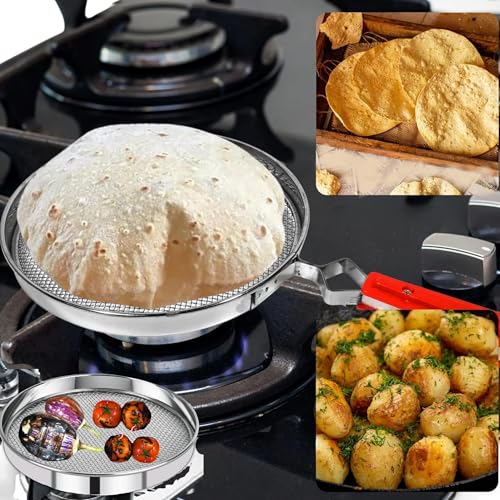 Image of Stainless Steel Fulka Grill for Gas Stove | Phulka Roti Jali | Grill Jali for Papad, Chapati, Tandoor & Brinjal Roaster- Pack of 1 (Size 8 Inch)