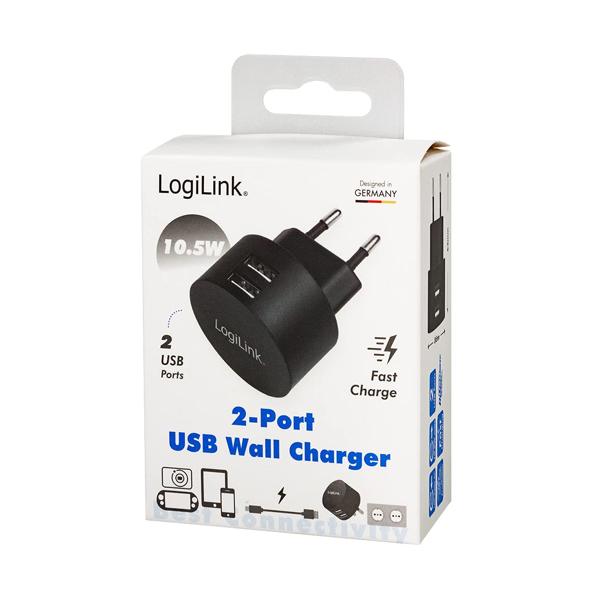 LogiLink PA0218 Fast Charging – adapter USB (2 x USB-A, 10,5 W) do smartfonów/tabletów/odtwarzaczy MP3-MP4 / e-booków/nawigacji itp. z zabezpieczeniem przed przeładowaniem, głębokim rozładowaniem,