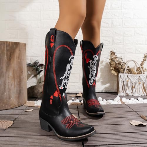 cowgirl boots Vintage Embroidered Riding Boots Western Cowboy Boots with Red Heart & Star Patterns Slip-On Embroidered Boot4