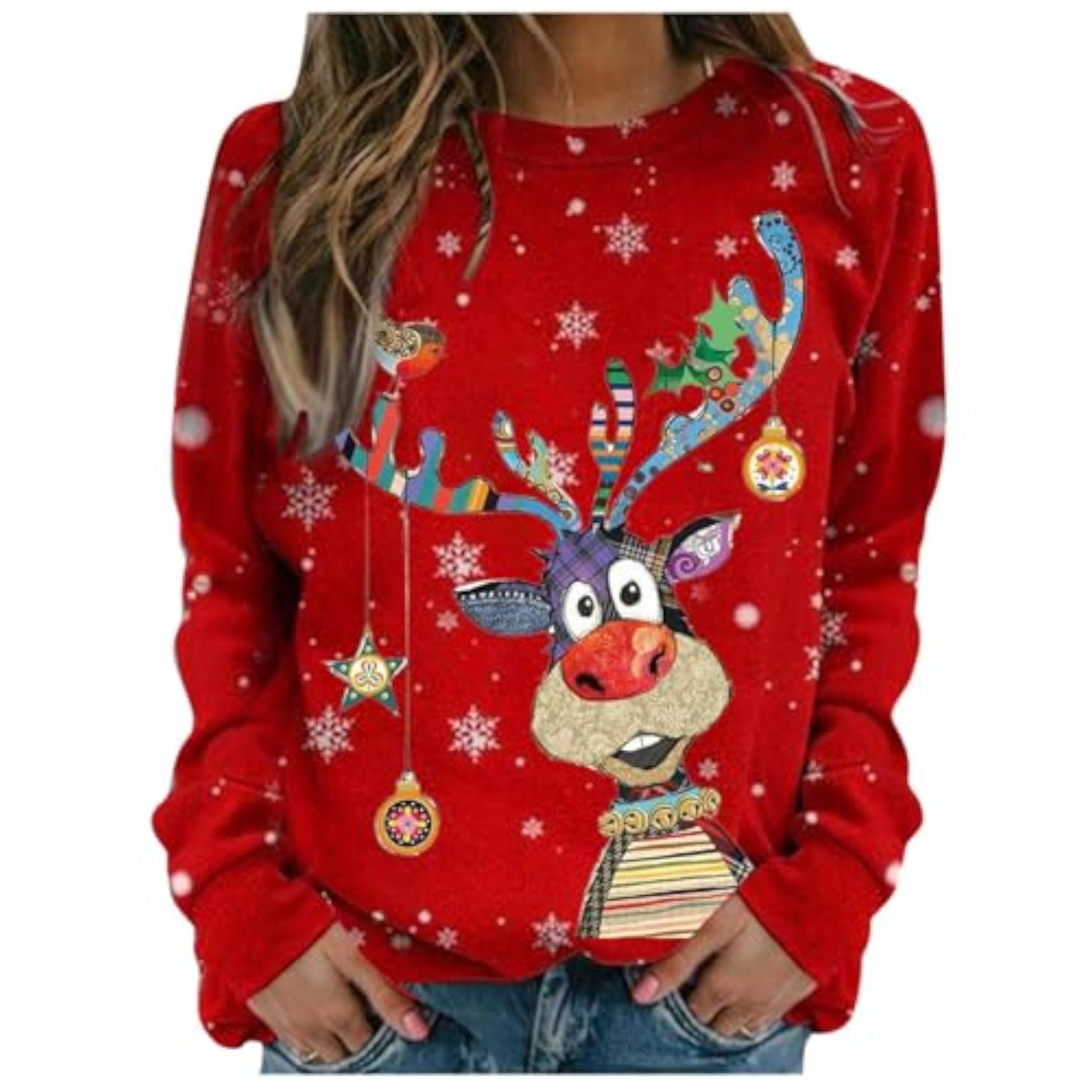 Genérico Jersey Navideño Mujer Sudadera Navidad Mujer Invierno De Navidad Sudaderas De Cuello Redondo Talla Grande Blusas Elegante Sudadera Estampado Reno Ugly Gracioso Camiseta Sweater