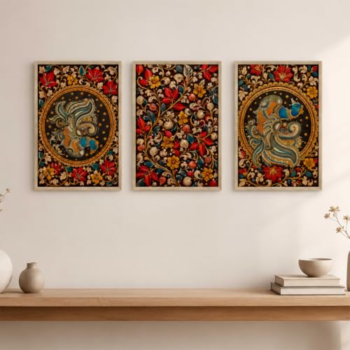 Image of Livin'luxe Set of 3 Abstract Peacock Flowers Wall Paintings for Living Room Bedroom Home Decor with Premium Wooden Color Synthetic Frame (13.5 x 19.5 Inch) NM03-72