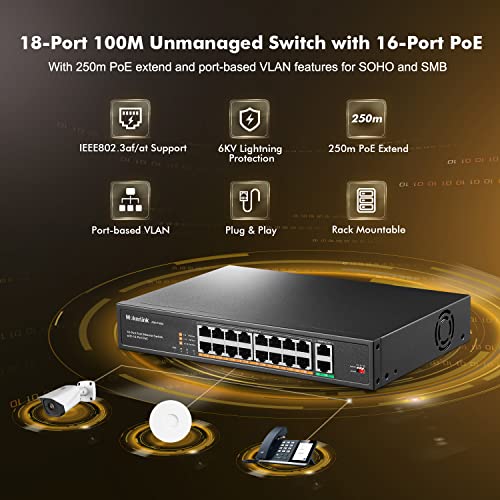 Image of MokerLink 16 Port PoE Switch with 2 Gigabit Uplink Ethernet Port, 250W High Power, Support IEEE802.3af /at, Rackmount Unmanaged Plug and Play