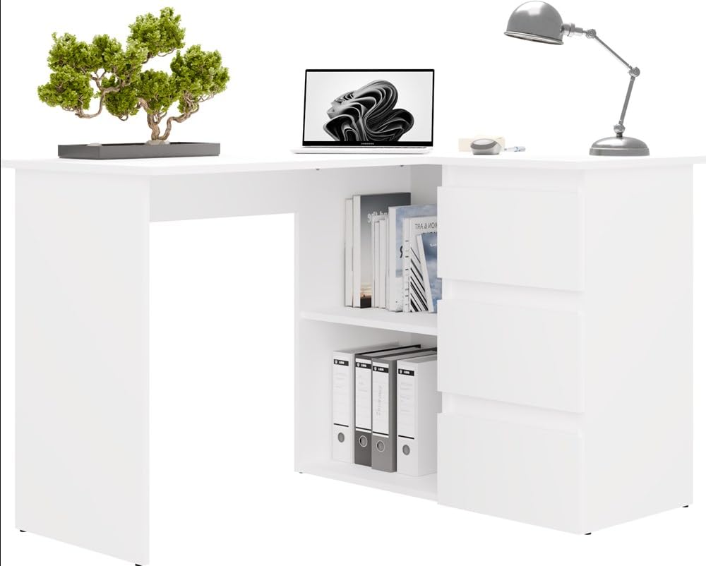 BDW - Narożone Biurko - Biurko Komputerowe, Gamingowe w Kształcie L - 120 x 48,5 x 75 cm - Pojemne Szuflady i Otwarte Półki - do Pokoju Młodzieżowego, Home Office - NICEA Białe Prawe