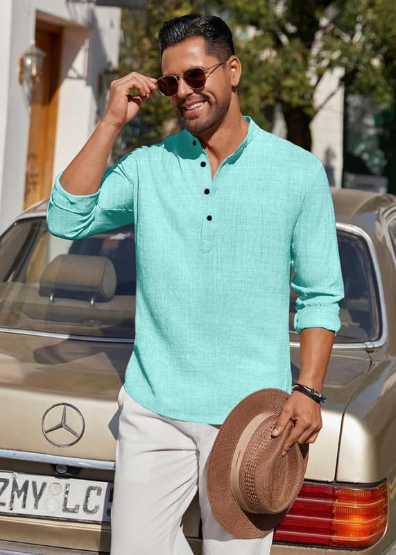 Image of Men's Luster Cotton Solid Casual Short Kurta for Men | Long Sleeve Mandarin Collar Stylish Kurta for Men