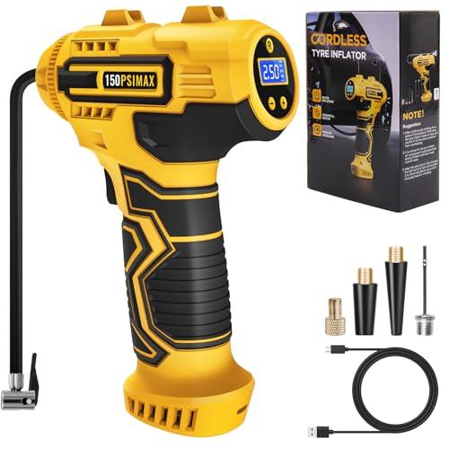 Skeufy Car Tyre Inflator Air Compressor Portable Cordless Tyre Pump 150psi Handheld Car Tyre Pump With LED Light USB Rechargeable Battery 3 Nozzles Electric Air Pump for Car Motorcycle Bike Ball
