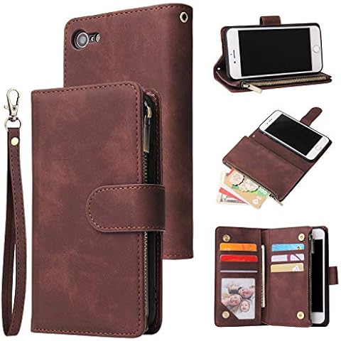 UEEBAI Wallet Case for iPhone SE 2022 5G/iPhone 7/iPhone 8/iPhone SE 2020, Premium PU Leather Magnetic Handbag Zipper Pocket Card Slots with Wrist Strap Flip Case for iPhone SE3/SE2 - Coffee Cover