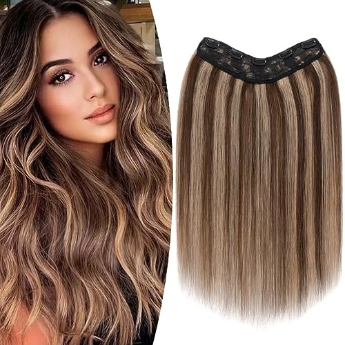 TESS Clip In Hair Extension,Hair Extensions Real Human Hair One Peice U-Shaped Balayage Straight Hairpieces for Women/Ladies/Girls(#4/27 Medium brown&Dark blonde,12Inch)