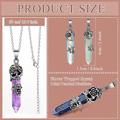 Sureio 12 Pcs Healing Crystal Necklace Hexagonal Healing Flower Wrapped Crystal Point Pendant Natural Quartz Point Necklace with Chain for Women4