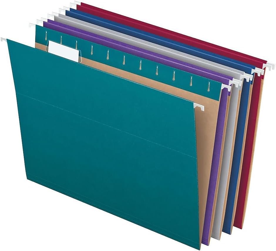 Image of Pendaflex Recycled Hanging File Folders, Letter Size, Assorted Jewel-Tone Colors, Two-Tone for Foolproof Filing, 1 /5-Cut Tabs, 25 Per Box (81667) (Pack of 10)