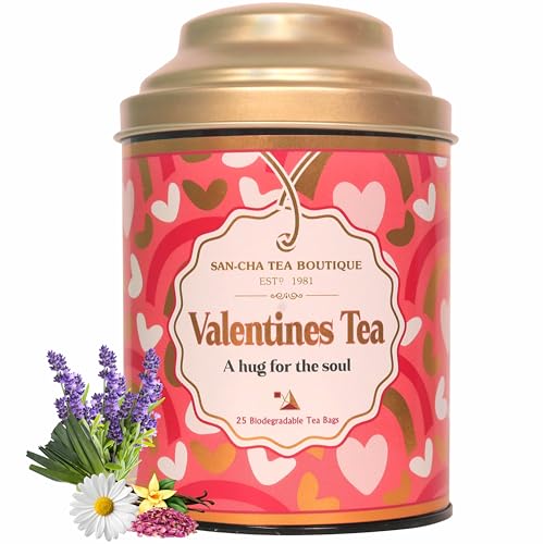 Image of Sancha Tea Boutique, Valentine's Tea | Caffeine Free Herbal Tea | 25 Pyramid Tea Bags | Blend of Real Vanilla | Lavender, Rose & Chamomile | Valentines Day Gift