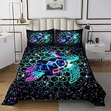Träumige Schildkröte Tagesdecke L Größe Geometrische Honeycomb Sechseck niedliches Tier Bettwäsche Set für Erwachsene Teens Romantische bunte Graffiti Sternenhimmel Coverlet 2 Kissenschalen