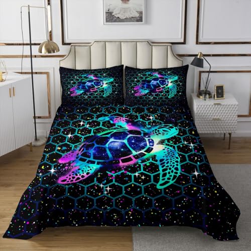 Träumige Schildkröte Tagesdecke L Größe Geometrische Honeycomb Sechseck niedliches Tier Bettwäsche Set für Erwachsene Teens Romantische bunte Graffiti Sternenhimmel Coverlet 2 Kissenschalen