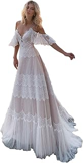 Sorayan Women's Wedding Dresses Chic Lace Evening Dresses V Neck Ruffle Sleeves Beachy Boho Outdoorsy Wedding Gowns