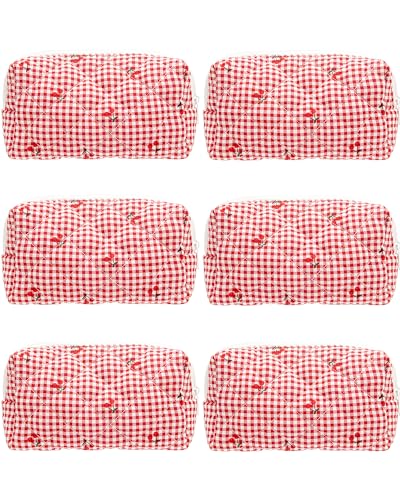 Small Quilted Makeup Bag,Zipper Cosmetic Pouch,Gingham Red Cherry,6 Pack