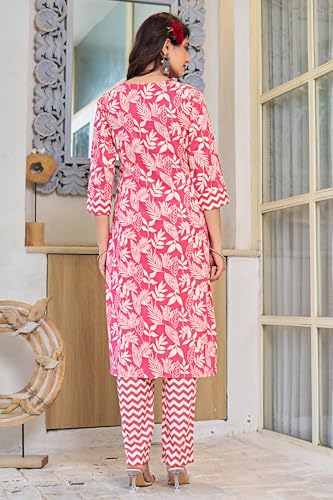 Image of MIRCHI FASHION Women's Straight Fit Pure Cotton Sequins Thread Work Leaf Printed Kurta Set with Dupatta and Trouser