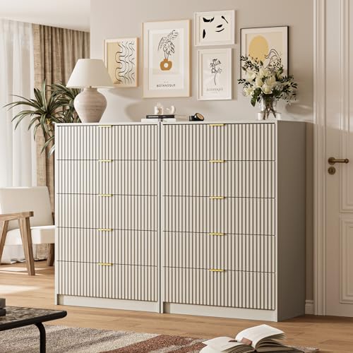Image of MAISONARIA 5 Drawer Dresser for Bedroom, Tall Dresser Chest of Drawers with Gold Handles, 32 Inch Wide Nightstand with for Bedroom, Living Rooms, Offices, and Entryways, Beige