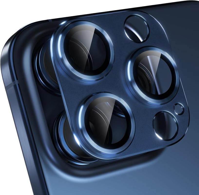 Image of [CONJOINED, 1-Pack For iPhone 15 Pro | For iPhone 15 Pro Max Camera Lens Protector, 9H Tempered Glass Camera Cover Screen Protector Metal Ring (Blue)