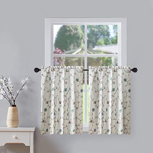 Vogol Tier Curtains 36 Inch Length, Blue Floral Embroidered Half Window Kitchen Cafe Curtains Pocket Window Treatment For Living Room Bedroom, 30X36, Two Panels #TOP27