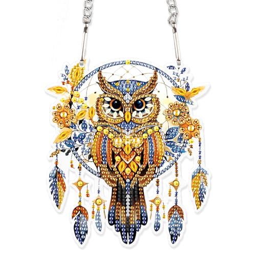 Image of AiYuanzsh DIY Diamond Art Painting Hanging Pendant Kit Dreamspreader Owl Special Shaped Diamond Art Acrylic Ornaments for Adults Home Wall Window Decor Gift
