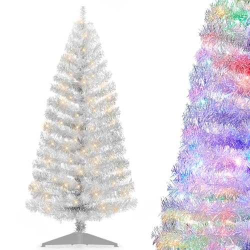 DEWUR Pre-Lit Artificial Christmas Tree, Warm White Lights, Colorful Lights, Includes Stand, 4 feet...