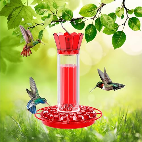 Hummingbird Feeders for Outdoors - 30 Bee Proof Feeding Ports 10 oz Red Hanging Plastic Humming Bird Feeder with Built-in Ant Moat, Perches for Outside Garden Yard Decorative