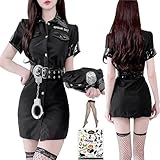 [Diki Home] コスプレ ポリス 衣装 ハロウィン 仮装 6点セット ミニスカポリス コスチューム衣装 パーティー レディース 女性 大大きいサイズ 誘惑 警察 警官 警察官 婦警 婦人警官 制服 変装 可愛い パーティーグッズ 余興 セクシーポリスオフィサー 網タイツ付き ランダムステッカー (黒, S)