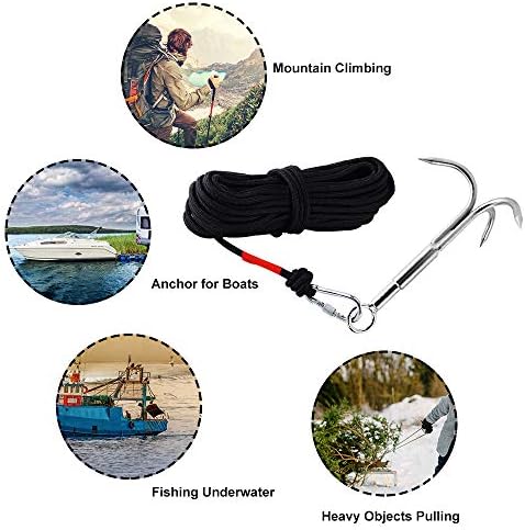 Ant Mag Grappling Hook Carabiner with 20M(65FT) Nylon Rope Anchor Hook with Stainless Steel Hooks for Anchor Retrieving Outdoor Climbing Hiking Tree Limb Removal