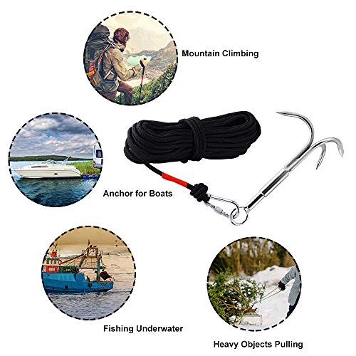 Ant Mag Grappling Hook Carabiner with 20CM(65FT) Nylon Rope Anchor Hook with Stainless Steel Hooks for Anchor Retrieving Outdoor Climbing Hiking Tree Limb Removal