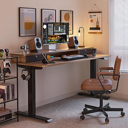 Image of FEZIBO 60 x 24 Inch Height Adjustable Electric Standing Desk with Double Drawer, Stand Up Desk with Storage Shelf, Sit Stand Desk, Blcak Walnut