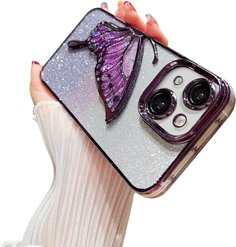 Image of SHINESTAR 3D Butterfly Case for iPhone 13 Cover, Cute Girly Glitter Bling Luxury Back Cover for Women Girls Protective Shockproof Slim Camera Protection for iPhone 13 - Purple