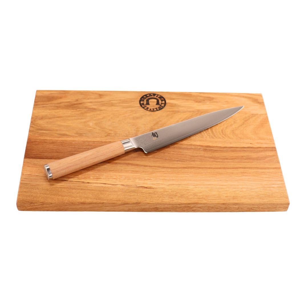 KAI Shun Classic White Set DM-0701W – Cuchillo de Damasco multiusos de 15 cm de acero VG10, cuchillo japonés ultraafilado, mango de madera de Pakka, incluye tabla de cortar roble 30 x 20 cm para un