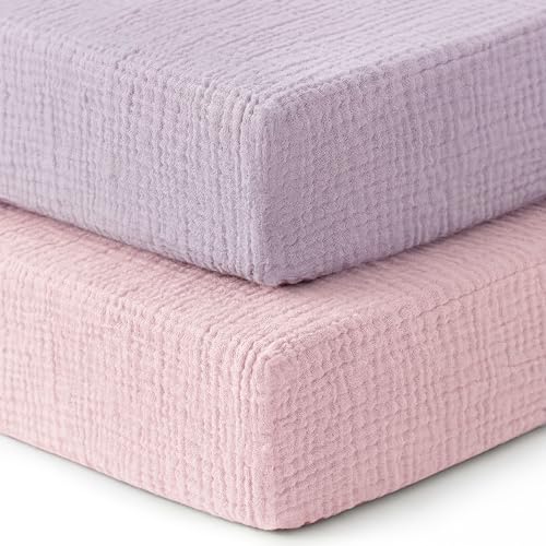 Image of Pro Goleem Muslin Pack n Play Sheets for Girls, Soft Breathable Cotton Fitted Mini Crib Sheets, Baby Sheets for Playard Mattress, 2 Pack (Pink&Purple)