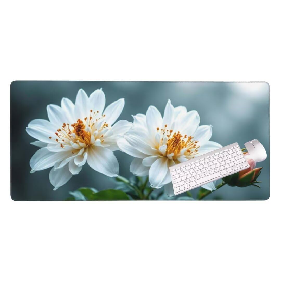 Alfombrilla de ratón 1400x600x3 MM, Alfombrilla Ratón XXL Extendida de Gran Tamaño con Bordes Cosidos, Resiste Salpicaduras, Base de Goma Antideslizante Almohadilla para Teclado, Flores blancas S-143