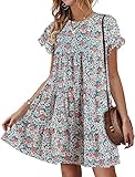 Chuanqi Womens Ruffles Boho Floral Printed Babydoll Loose Swing Casual Short Mini T-Shirt Dress Picture Color