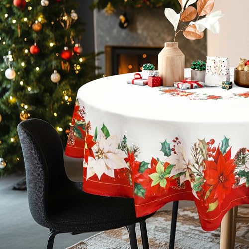 Arquiel Christmas Flowers Tablecloth Waterproof, Red Floral Table Cloth Rectangle Stain Resistant - Image 2