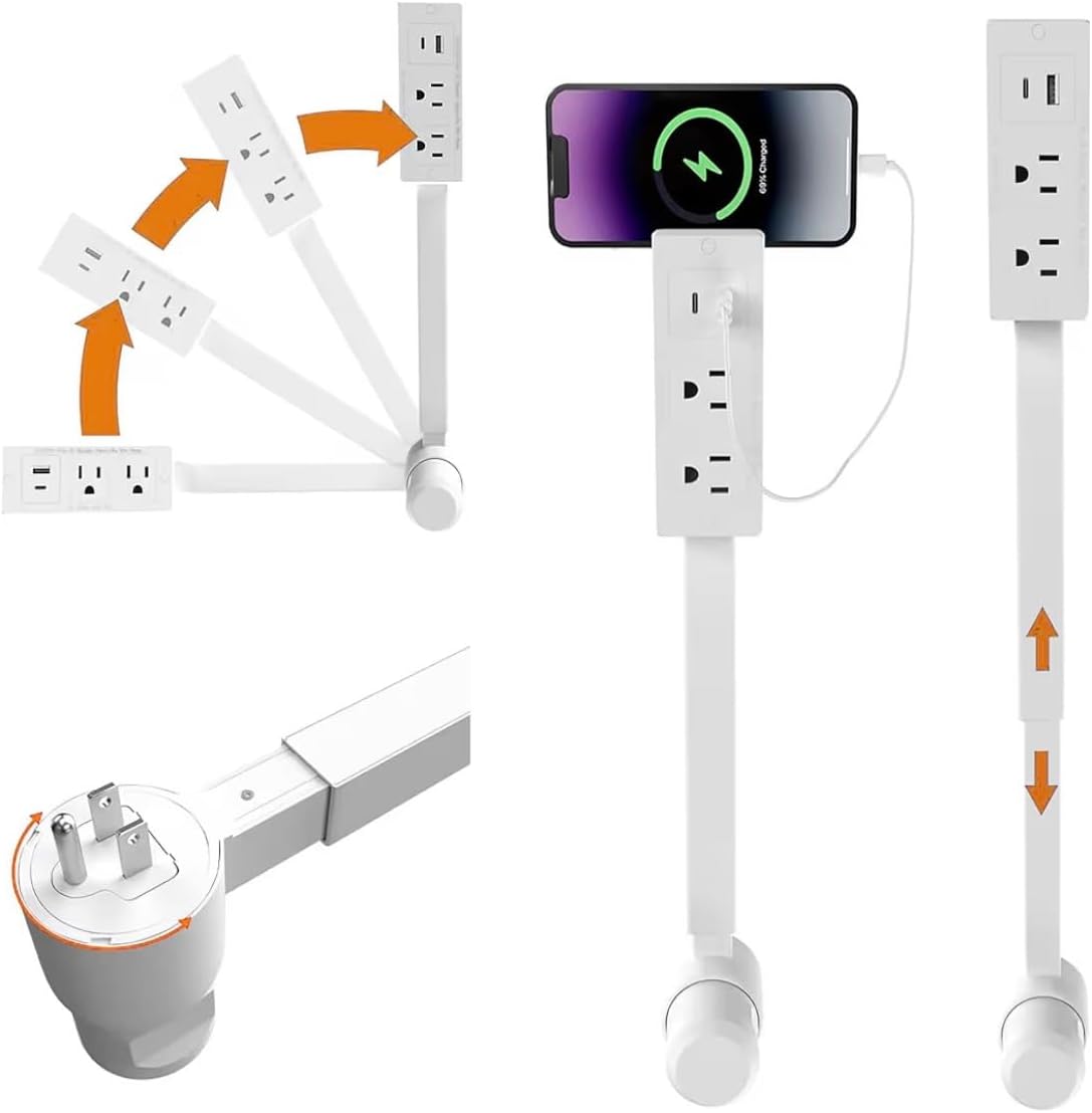 Electrical Outlet Extender Stick with 2 Standard US AC outlets, Along with USB and Type-C Ports for Fast, Adapter-Free Charging.