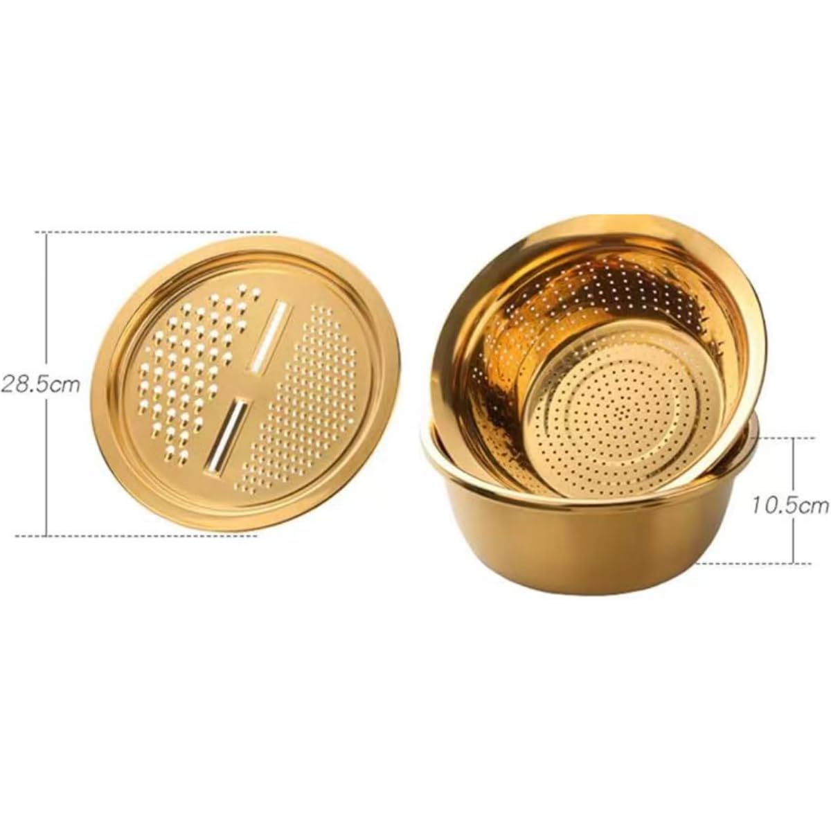 Multifunktionales Goldsieb aus Edelstahl, 3er-Set, große Kapazität, Küchensieb, Utensil zum Waschen von Gemüse, Obst und Kartoffeln, Karottenreibe