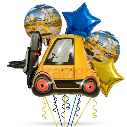 Image of Balloonistics Forklift Construction Theme Birthday Balloon Bouquet | Construction Birthday Party Decoration | Industrial Vehicle Party Balloon Set | Pack of 5